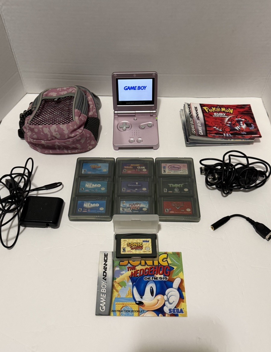 Nintendo Game Boy Advance SP AGS-101 Pearl Pink System + 14 Game Bundle TESTED