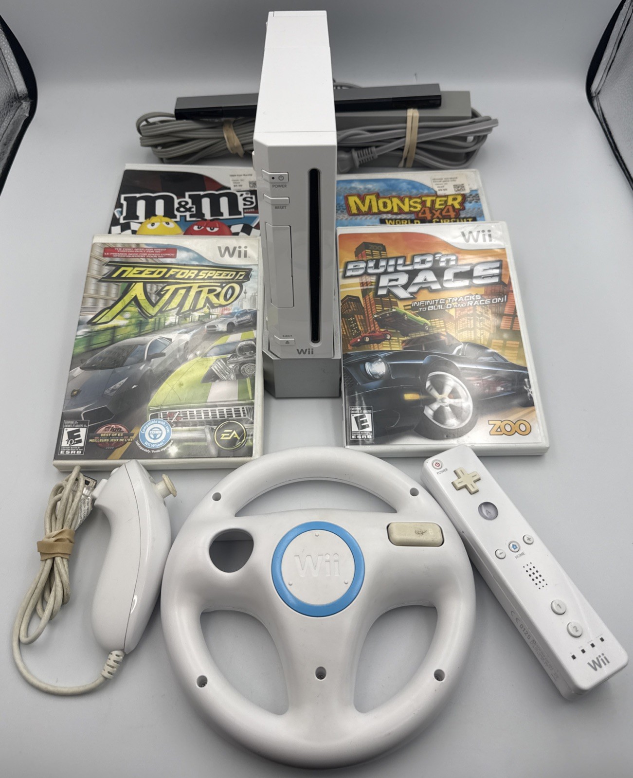 Nintendo Wii Console RVL-001 Bundle w/ Wheel, Controller & 4 Games – Tested