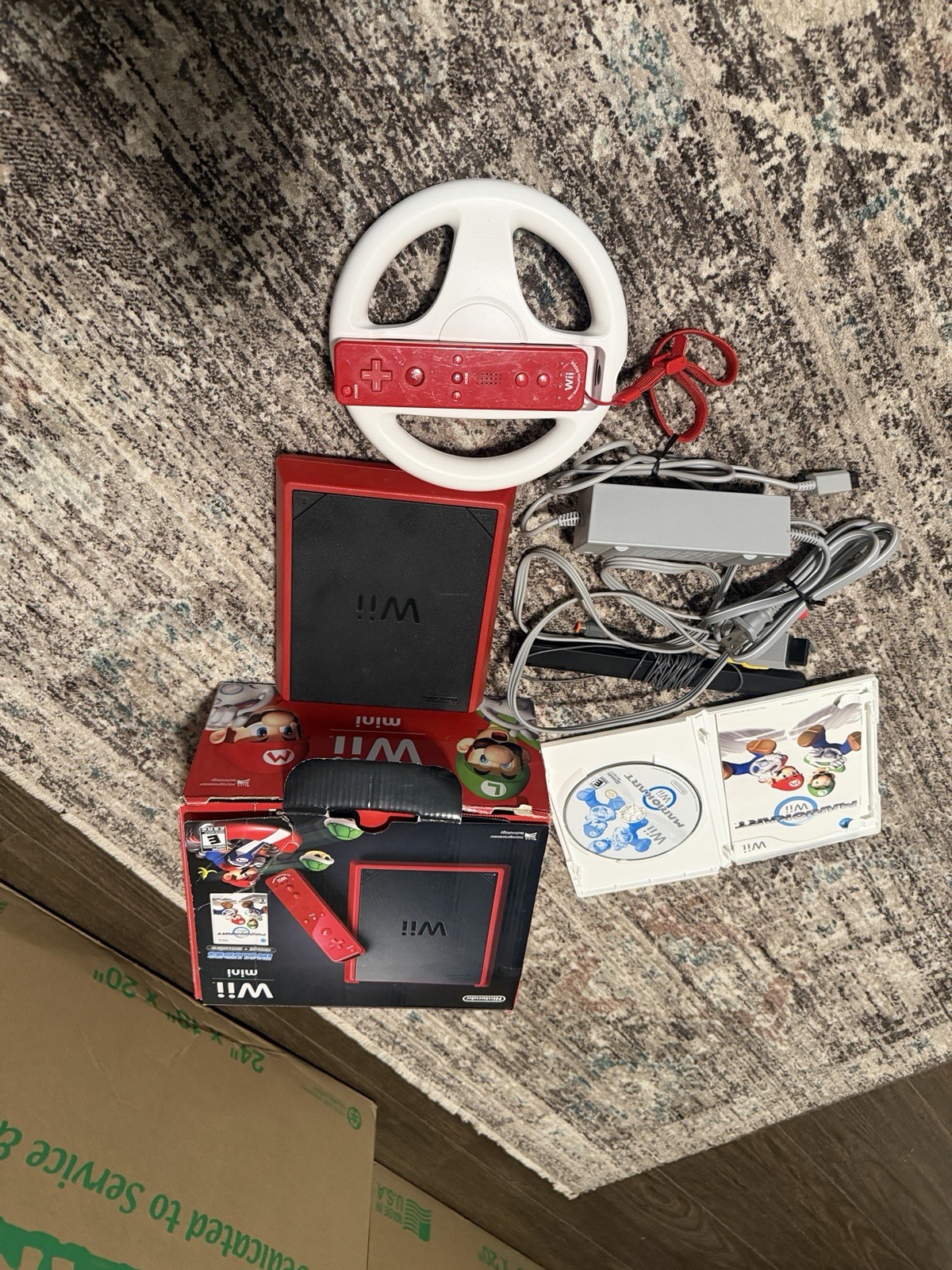 Nintendo Wii mini RVL-201 Red/Black Console Bundle w/ Mario Kart Wii & Wheel
