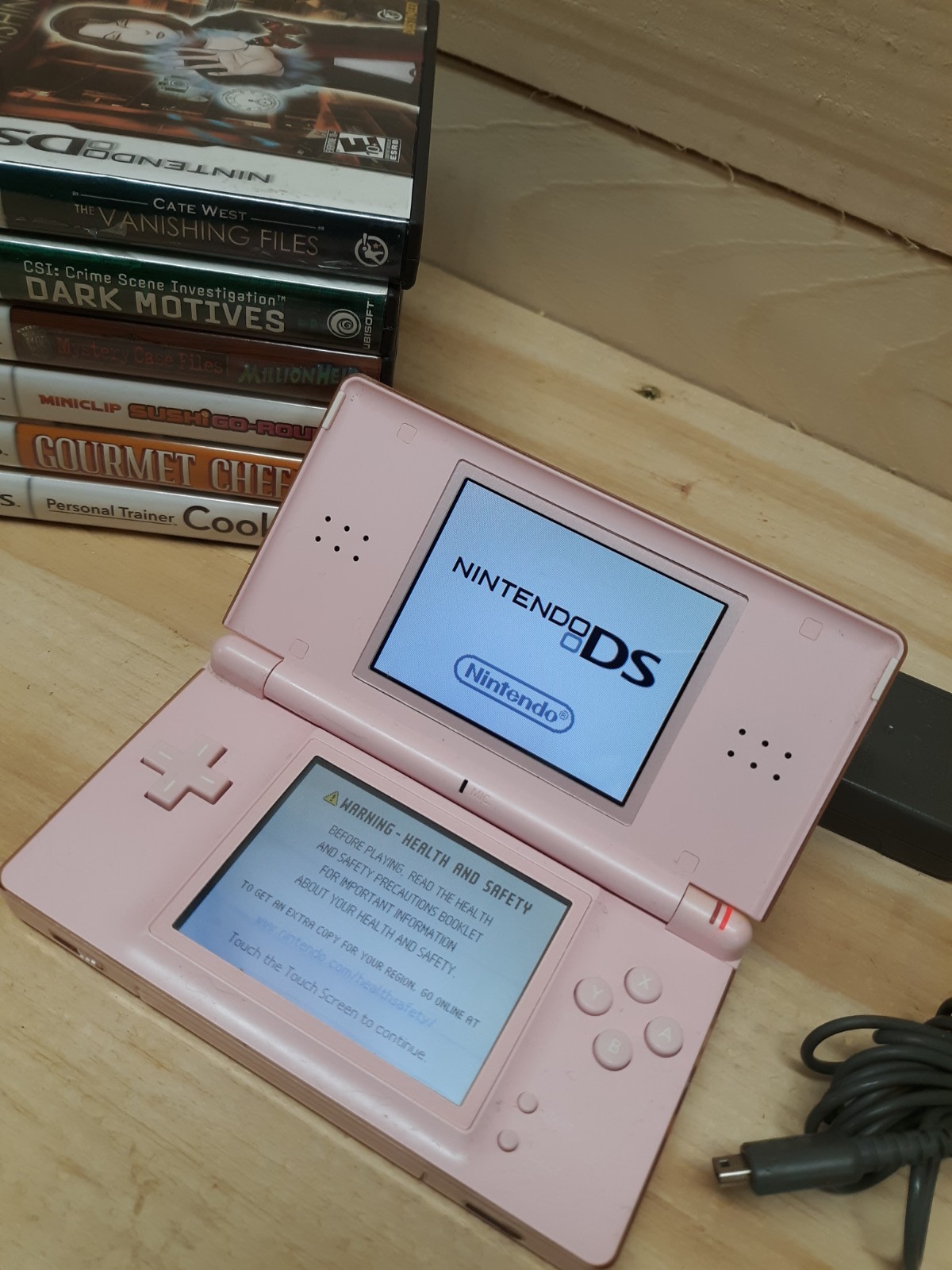 Lot Nintendo DS Lite Console W Stylus 6 Games Metallic Rose Tested Works Clean