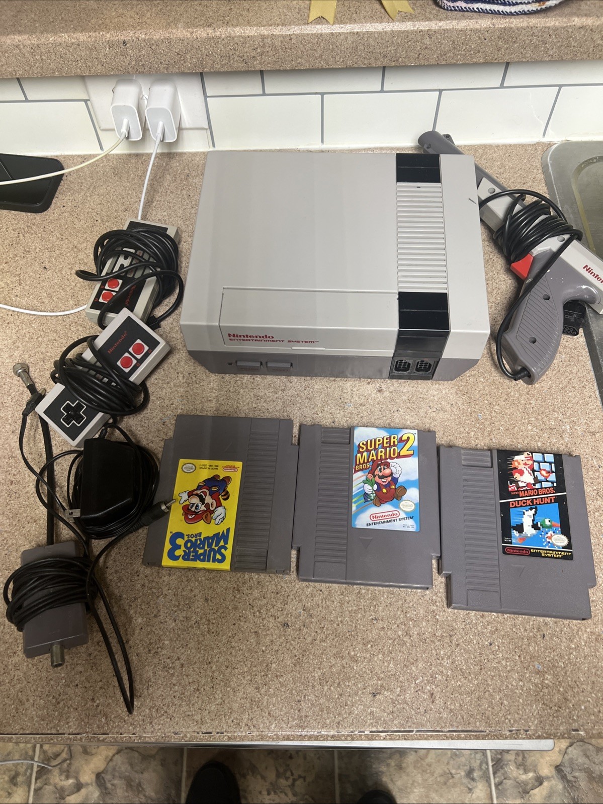 Nintendo NES Gray Video Game Console with 2 Working Controllers and Gun.
