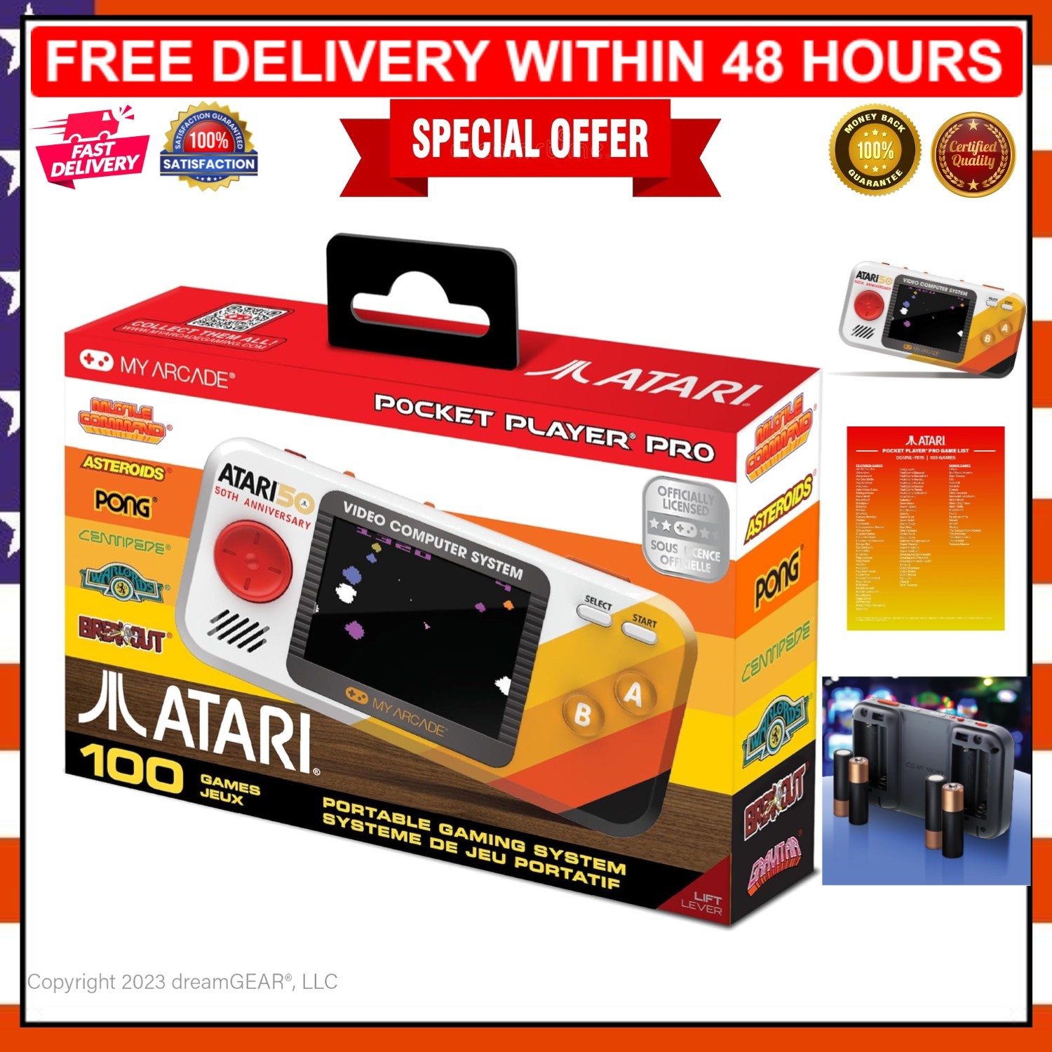 Atari Pocket Player Pro: Handheld Console with 100 Classic Games, 2.75″ Display