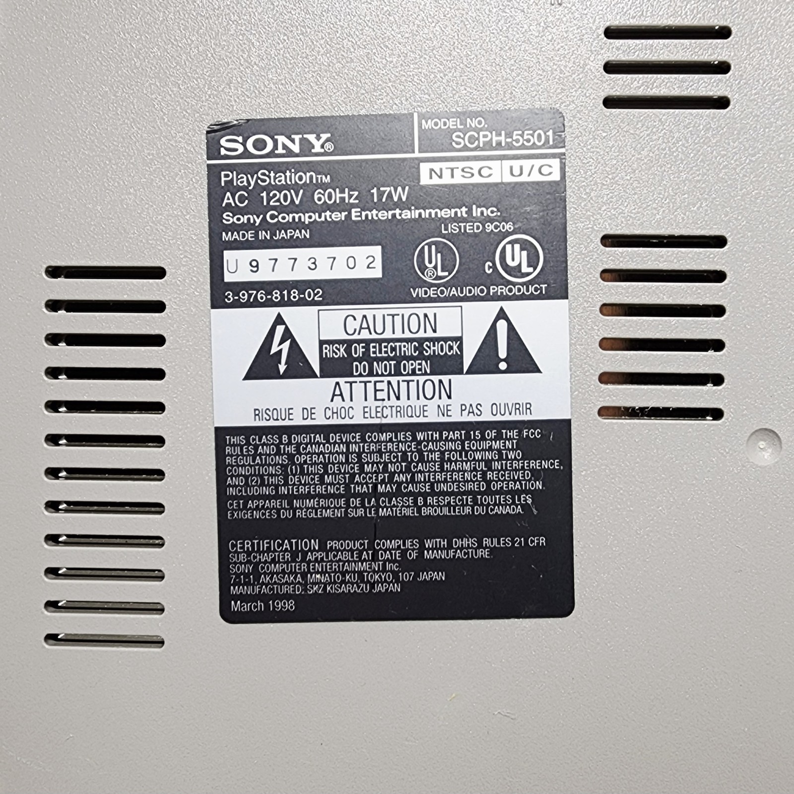 SONY PLAYSTATION 1 GAMING CONSOLE SCPH-5501 GRAY RETRO 1ST EDITION ’98 GAME UNIT