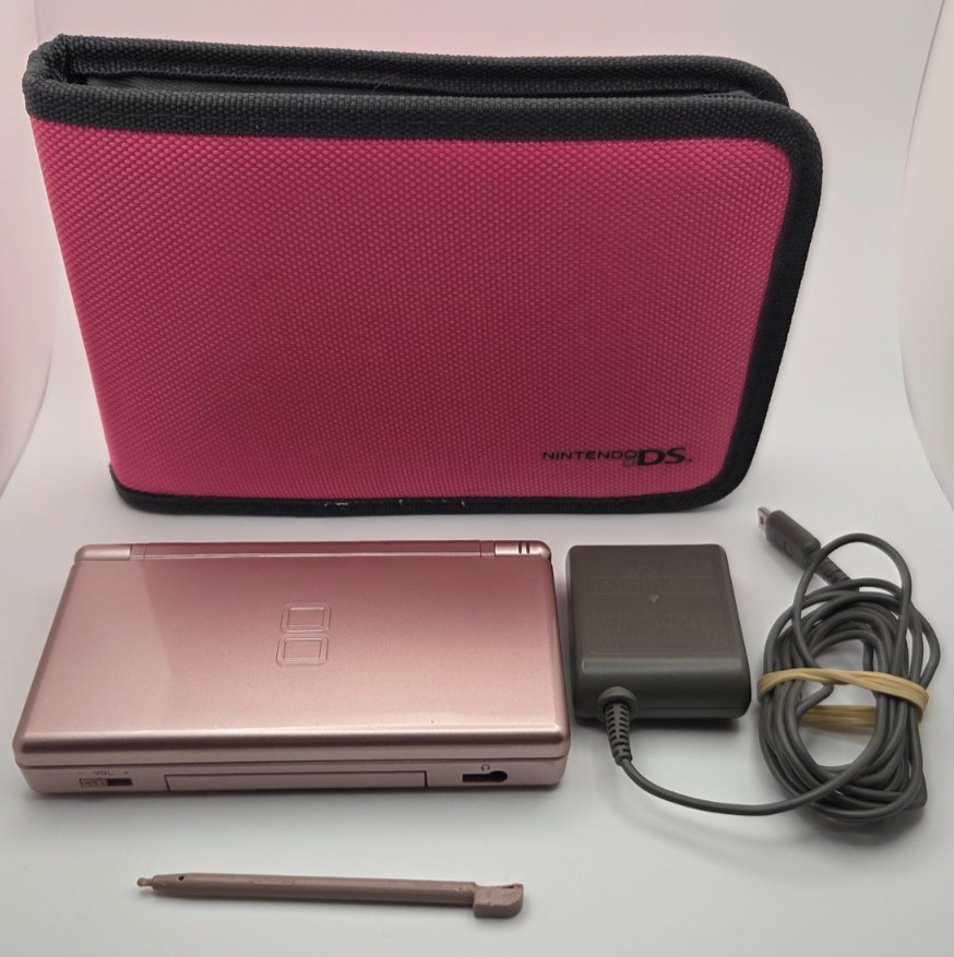 Nintendo DS Lite Metallic Rose Console OEM Charger Case Stylus Tested Works