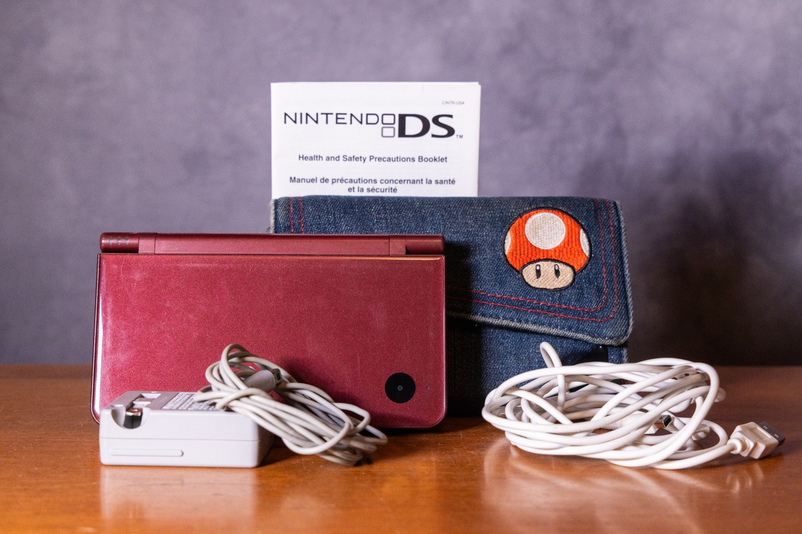 Nintendo DSi XL Burgundy Console Lot with Mario Case Charger Excellent
