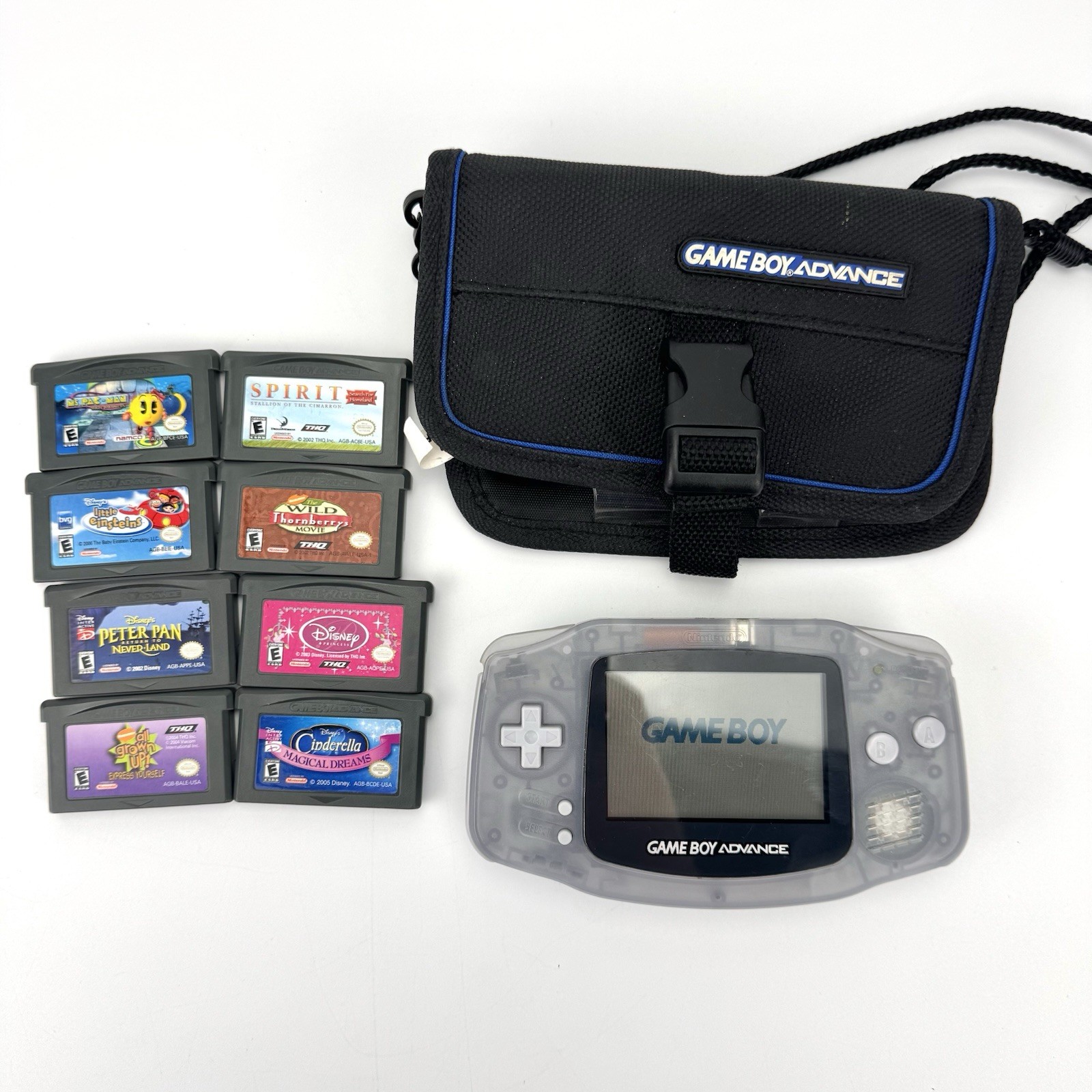 Nintendo Game Boy Advance Glacier Clear – 8 Games & Case – OEM Battery Cover VG