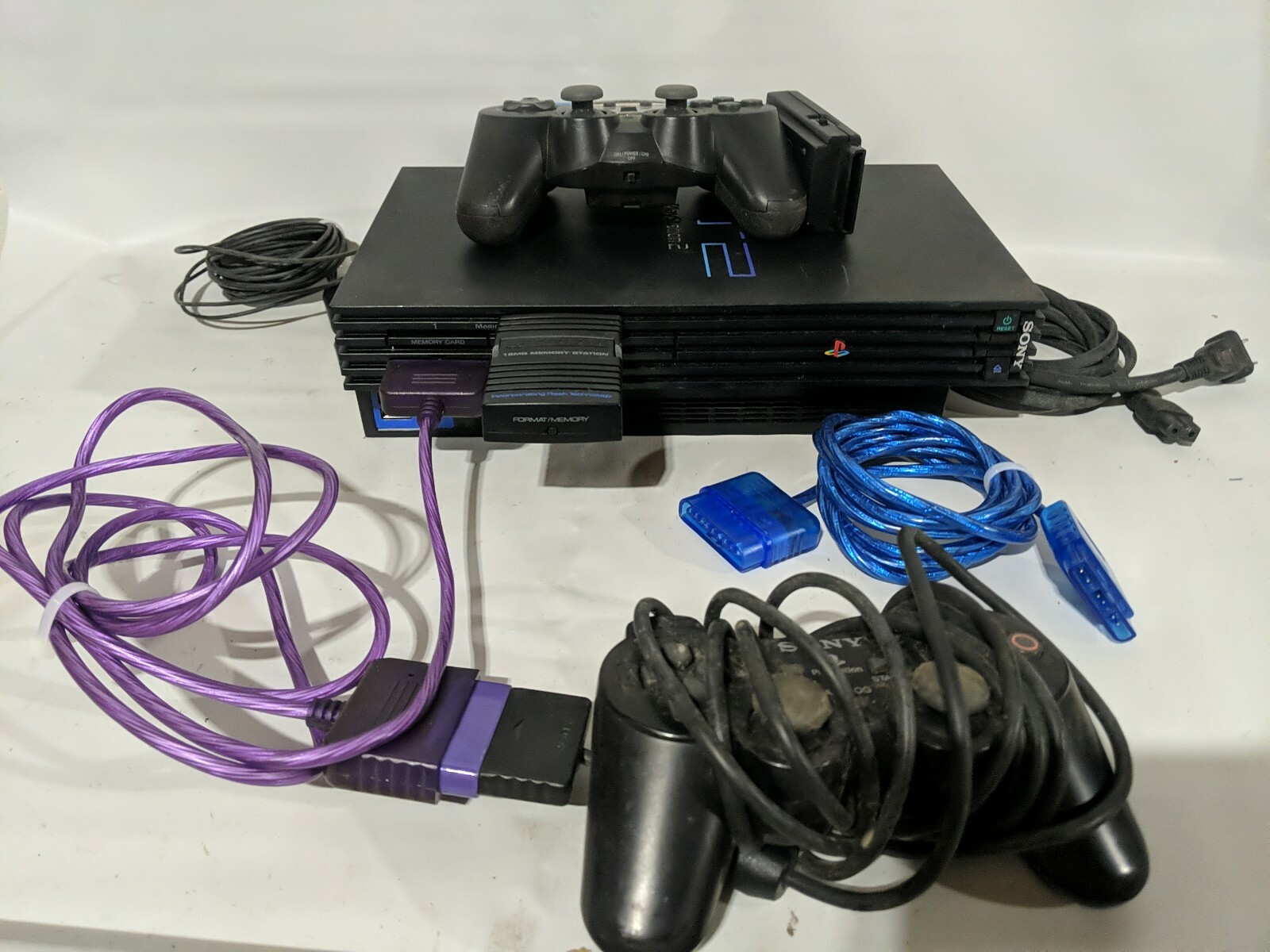 Sony PlayStation 2 PS2 Console with 2 Controllers & Extenders, 16MB Memory Card
