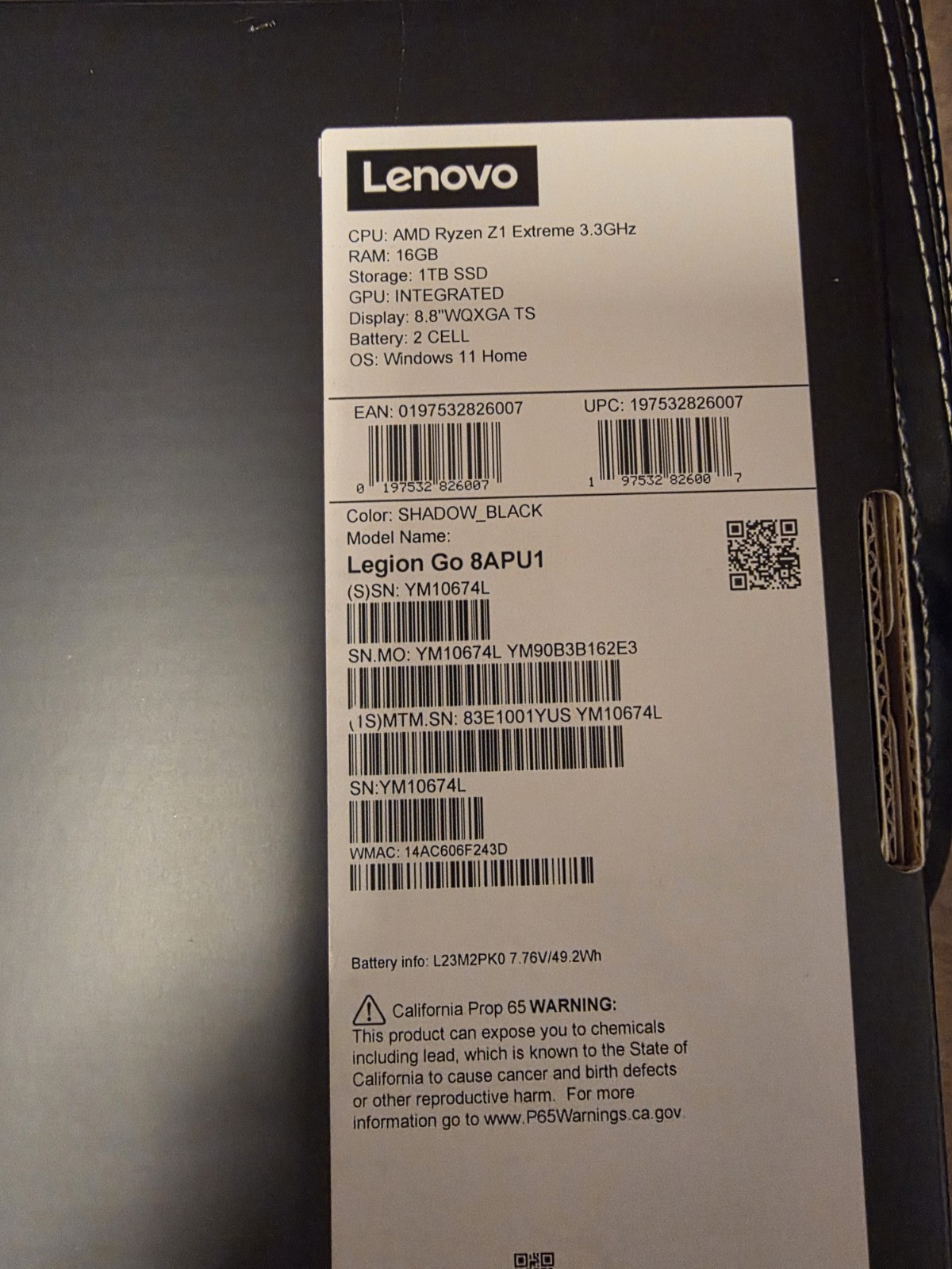 Lenovo Legion Go 8APU1 1TB Windows Handheld, 2560×1600, Black 83E1001YUS W/ACCES