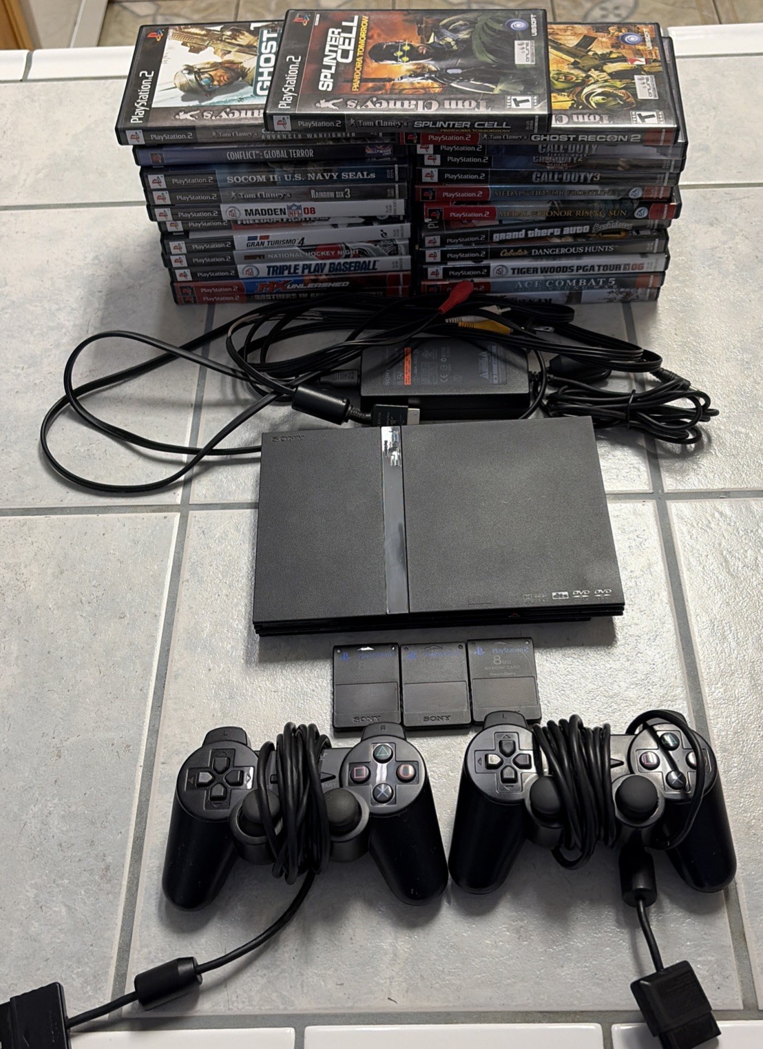 Sony PlayStation 2 PS2 Slim Black Console Bundle w Controller 3 memory, 23 games