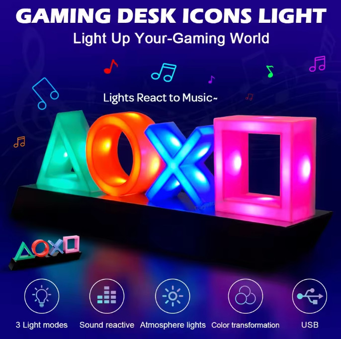 Game Icon LED Light for PS4 PS5 Voice Control Neon Lamp USB Battery Powered