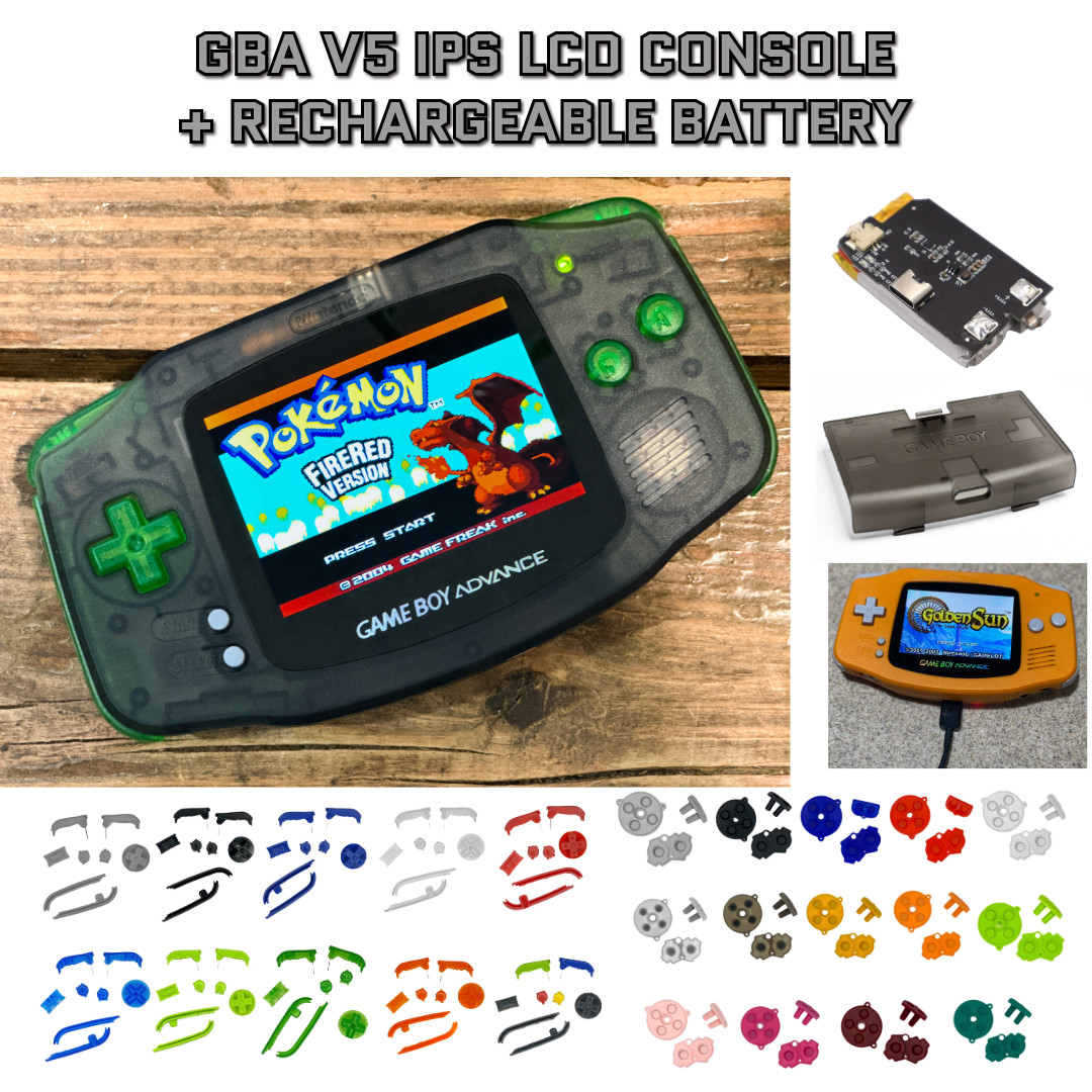 Nintendo Game Boy Advance GBA V5 IPS LCD CLEAR BLACK USB-C Rechargeable Battery