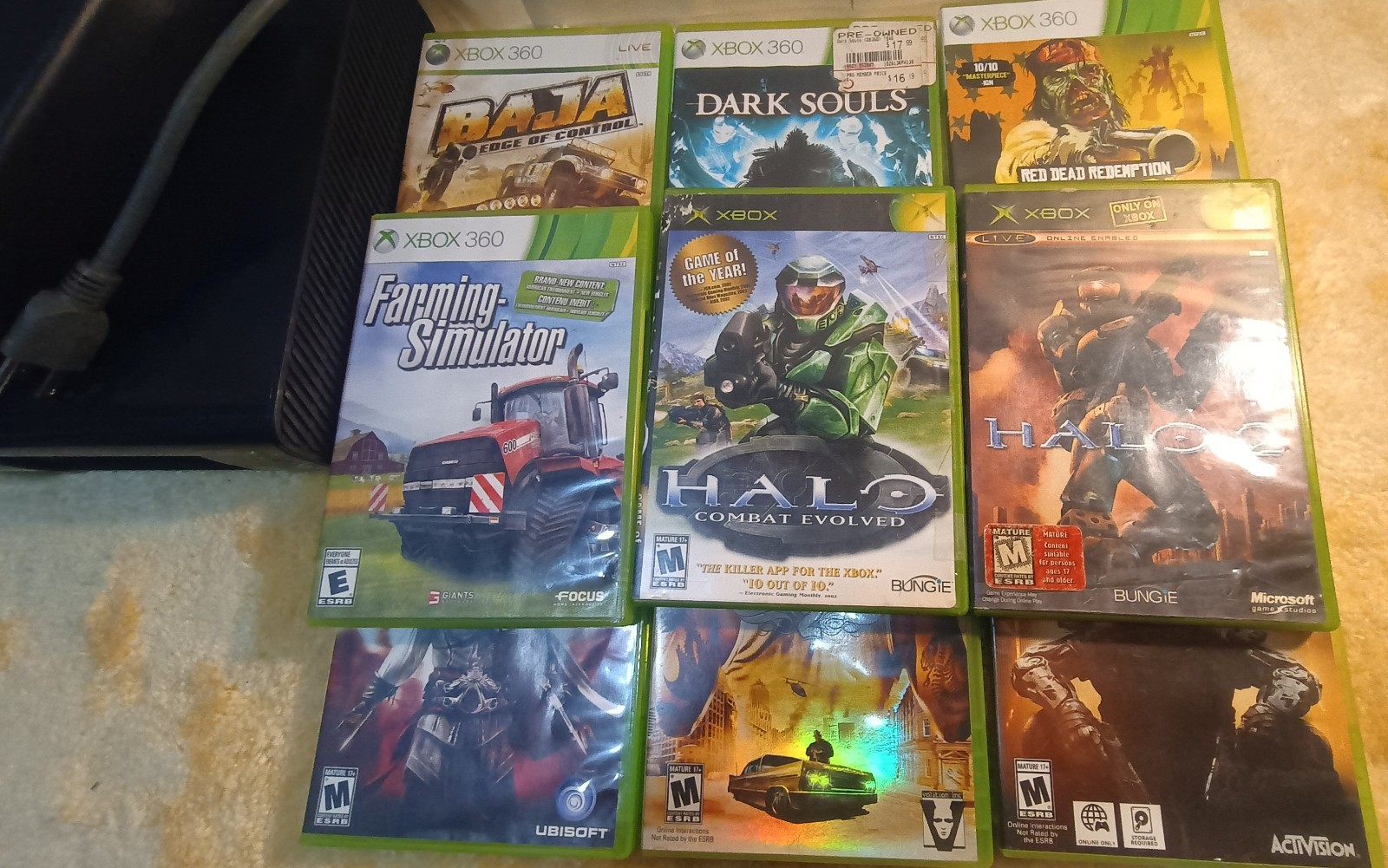 Microsoft Xbox 360 Black E 500gb Console with 9 Games and No Controllers.