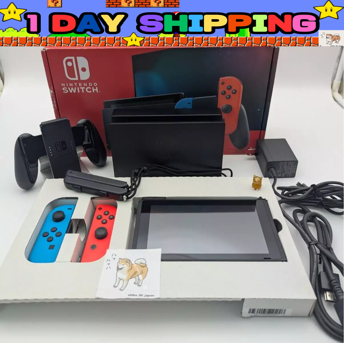 Nintendo Switch Red Blue Console HAC-001 w/ Joy Con + Dock + Charger +HDMI+BOX