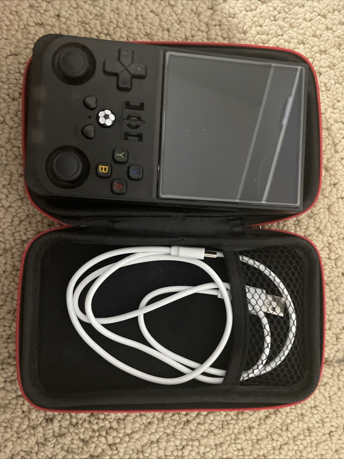 r36 max retro handheld game console W/ Case, Charger, and Screen Protector