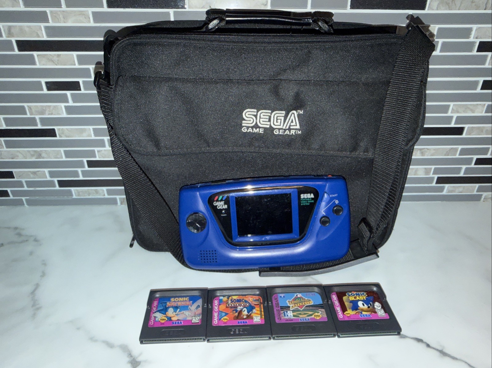 SEGA Game Gear Blue Console Bundle w/ Case & 4 Games Sonic & BB ⚾️ Repair/Parts