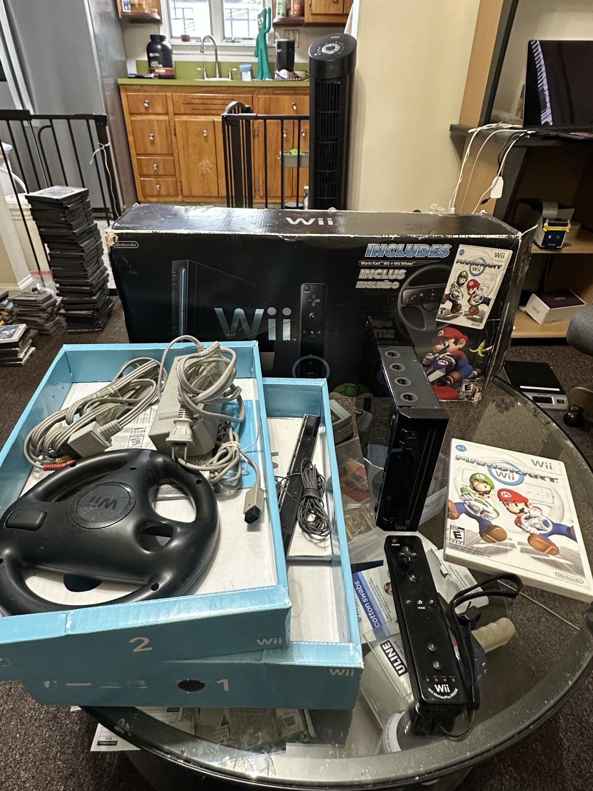 Nintendo Wii Mario Kart Racing Bundle Black Console Tested Please READ!