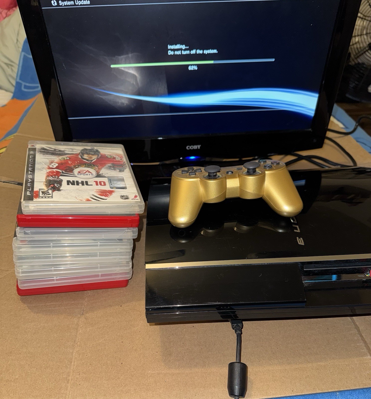 playstation 3 bundle CECHP01 with gold controller and 10 games tested works