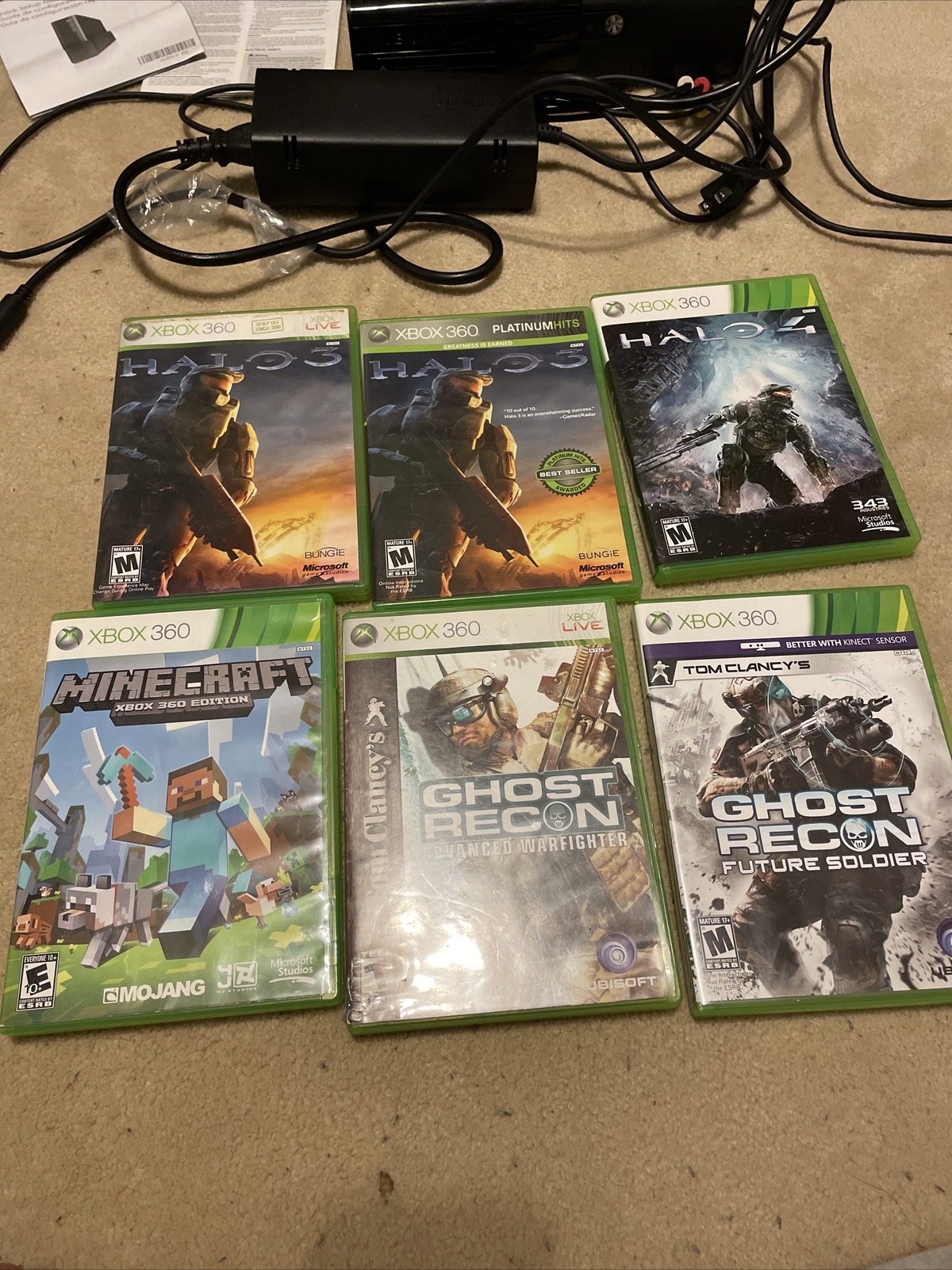 Microsoft Xbox 360 E + 6 Games + 3 Controllers + Necessary Cables