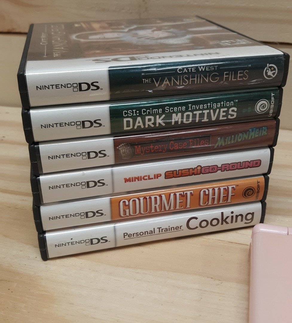 Lot Nintendo DS Lite Console W Stylus 6 Games Metallic Rose Tested Works Clean