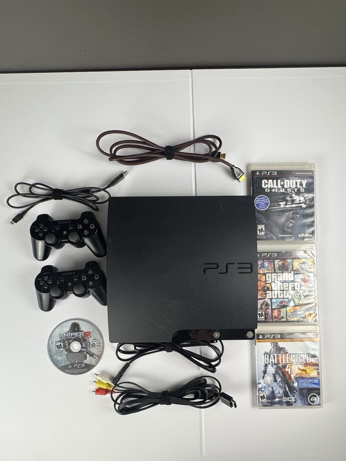 Sony PS3 Slim CECH-2001B Bundle 2 OEM Controllers GTA V BF4 COD Ghosts Tested