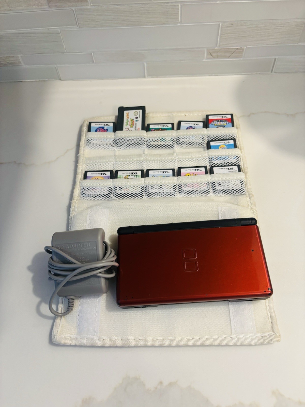 Nintendo DS Lite Console USG-001 Crimson Red/Black w/ 10 Games Charger/Tested