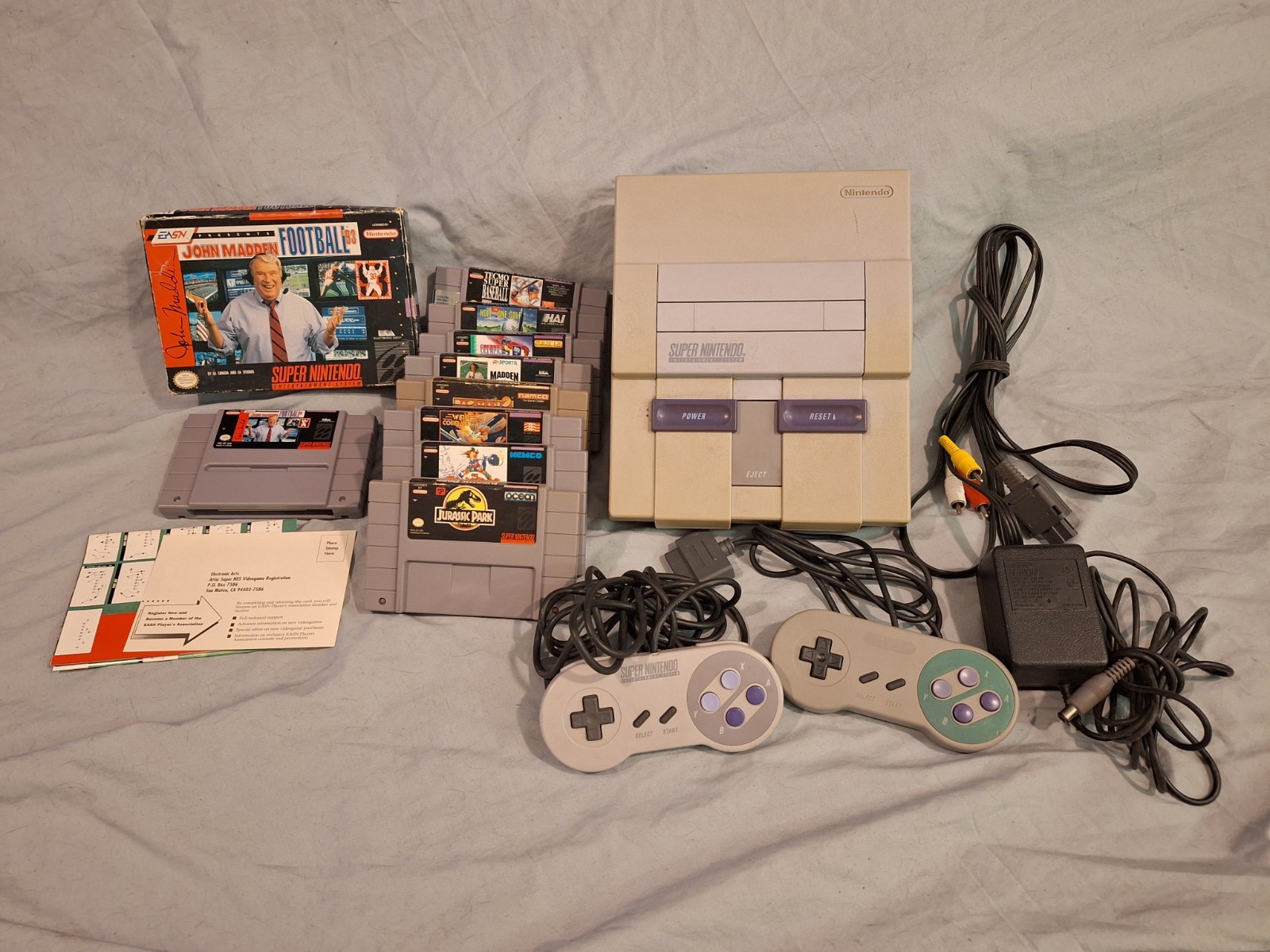 Super Nintendo Console SNES With Cables Controllers And 9 Game All Tested