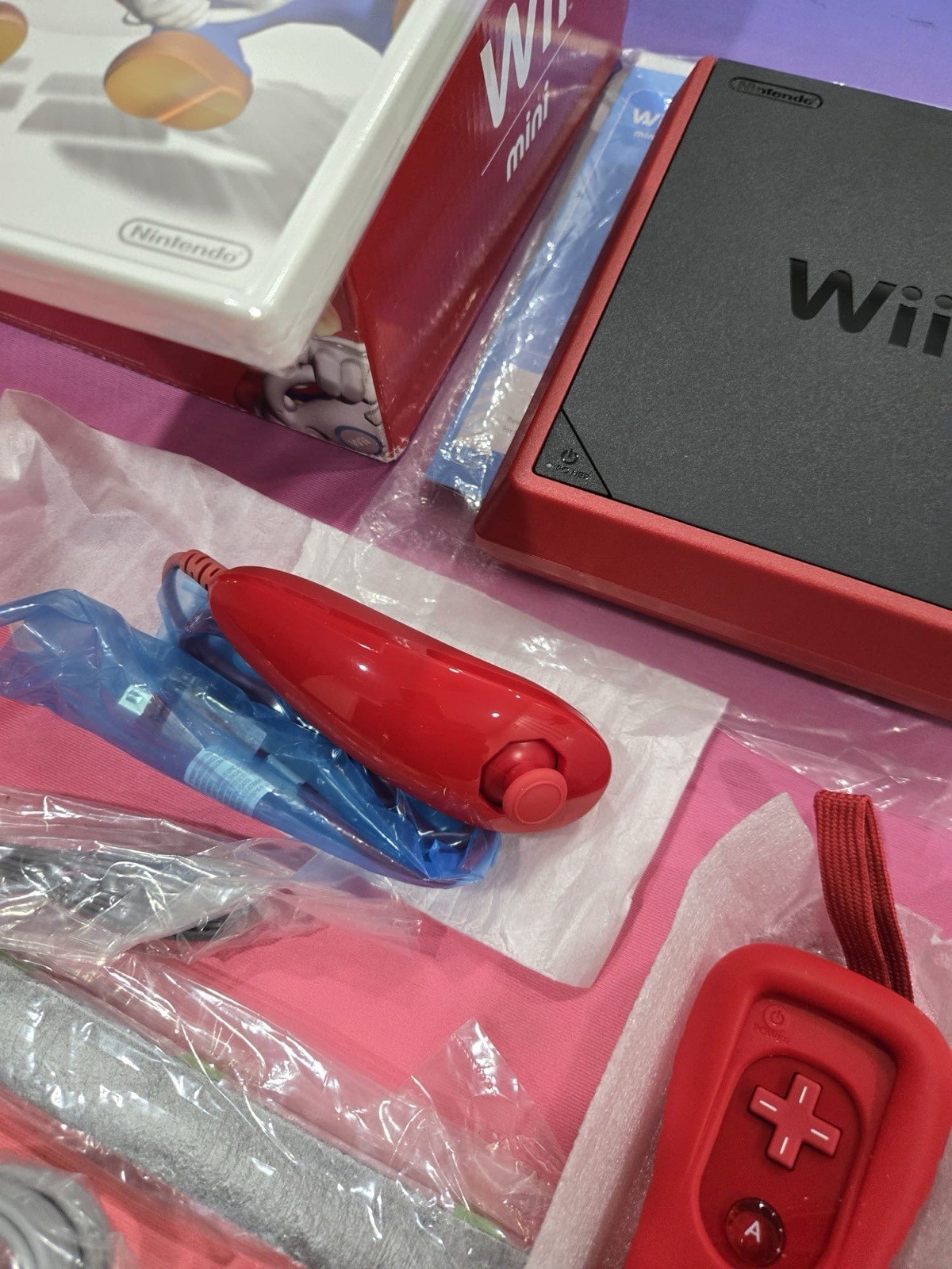 Nintendo Wii Mini Red Console Bundle with Sealed Mario Kart Wii Opened Box New