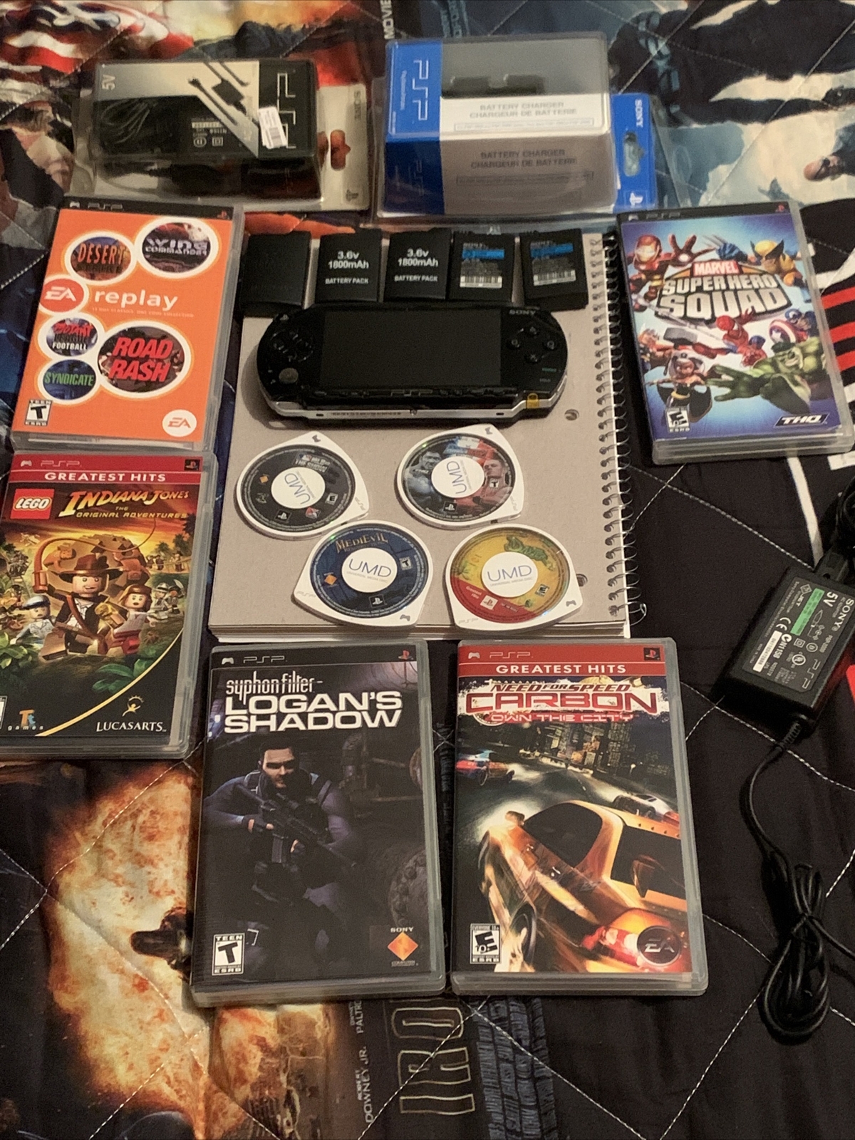 Sony Psp-1001 PlayStation PSP Game System Bundle 9 Games 5 Batteries * READ*