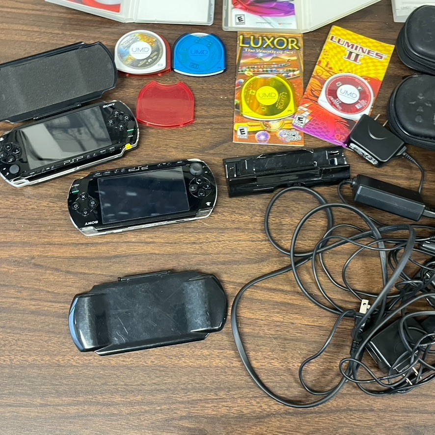 2- Sony PSP Handheld Console Lot w/ Games + Charger Cases OEM TESTED Working