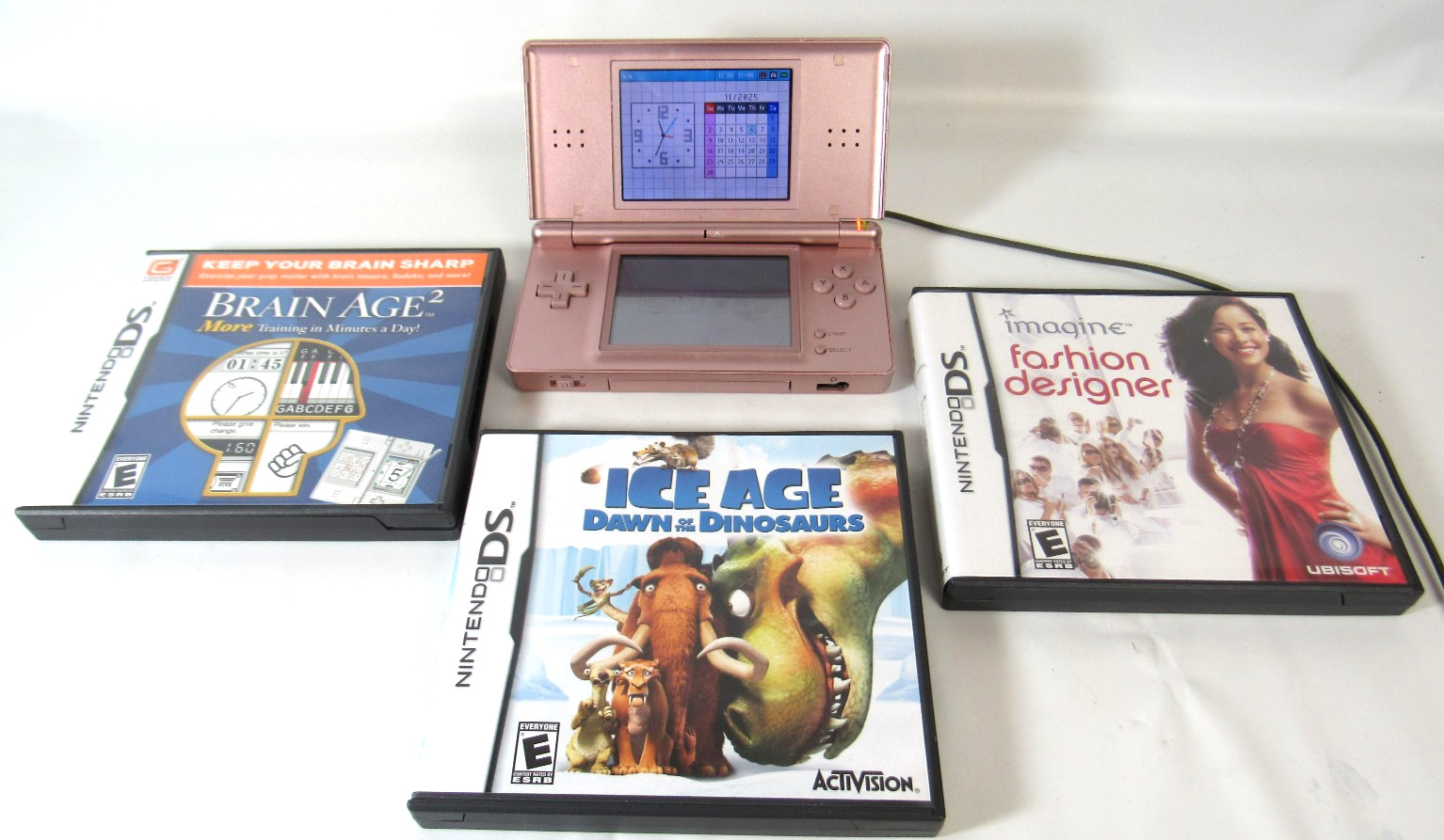 Nintendo DS Lite Console USG-001 Rose Gold with 3 Games, Cord, Stylus TESTED