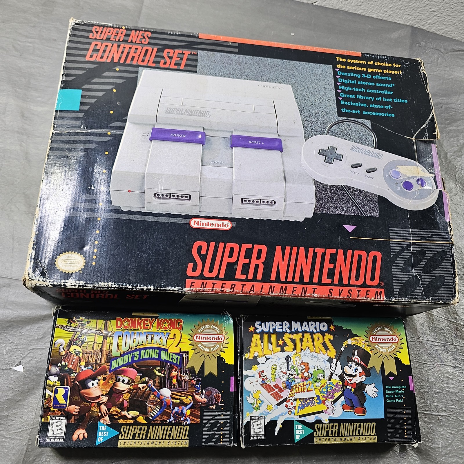 Super Nintendo SNES Console IN BOX Bundle W/ Super Mario All Star Donkey Kong 2!