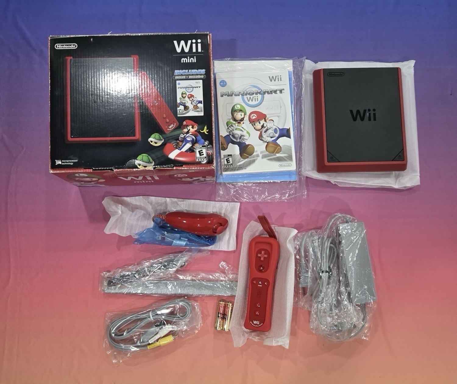 Nintendo Wii Mini Red Console Bundle with Sealed Mario Kart Wii Opened Box New