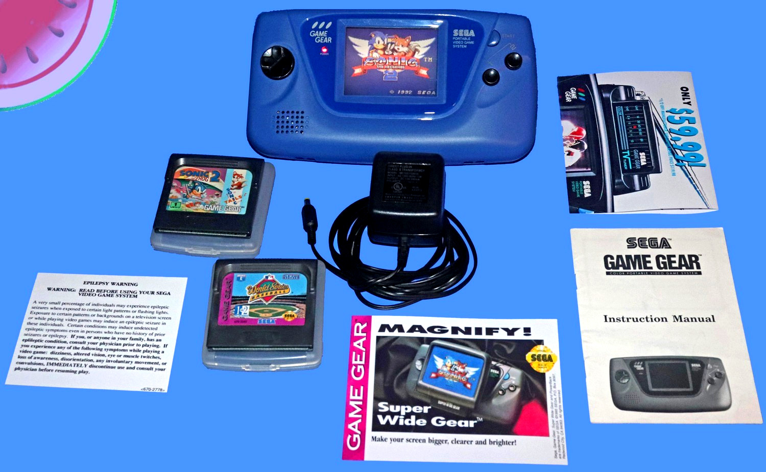 WORKING Blue Sega GAME GEAR System Bundle WITH WARRANTY Games and Power Supply