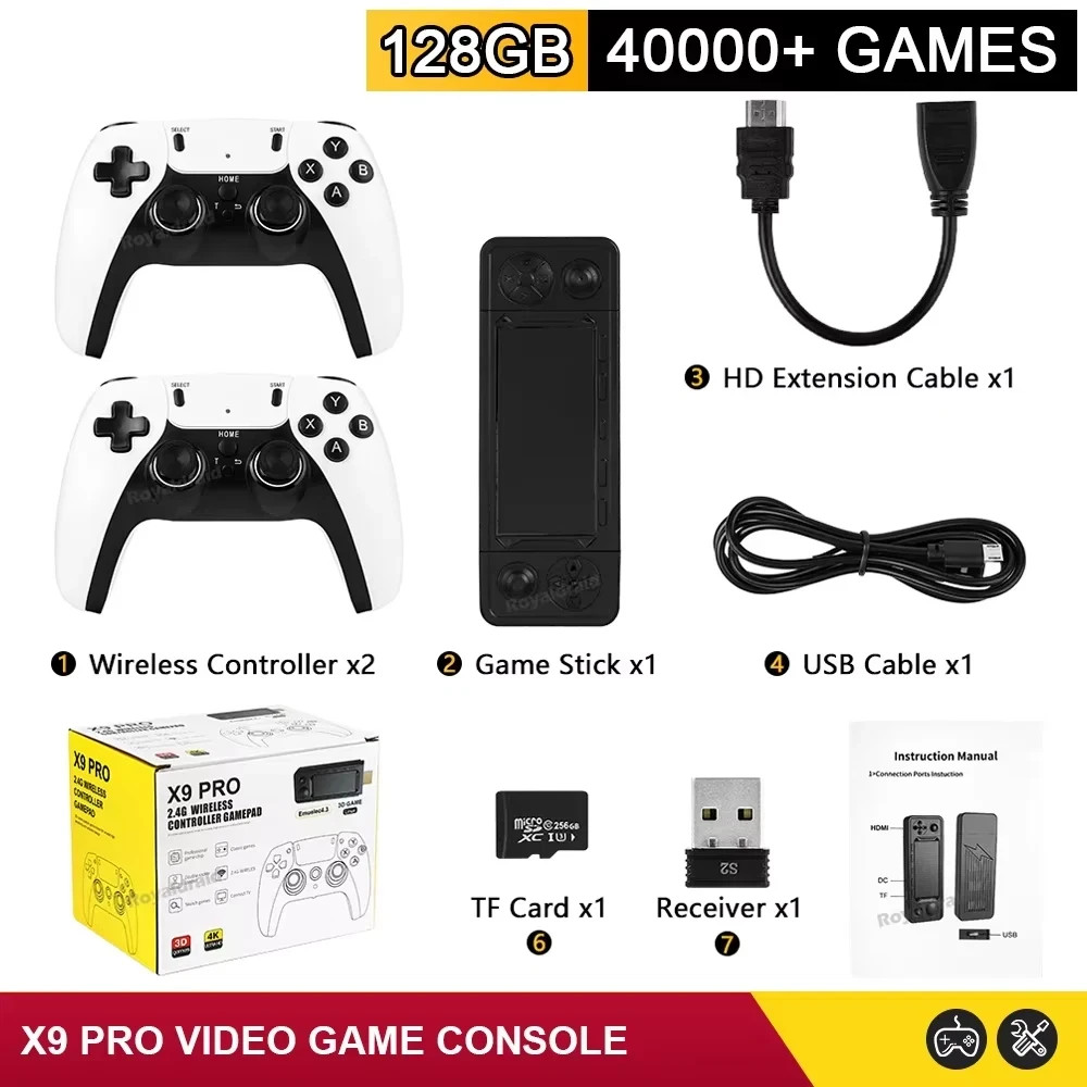 X9 PRO 4K Retro Game Stick TV Console 128G – 40k+ Built-in Games, Dual 2.4G