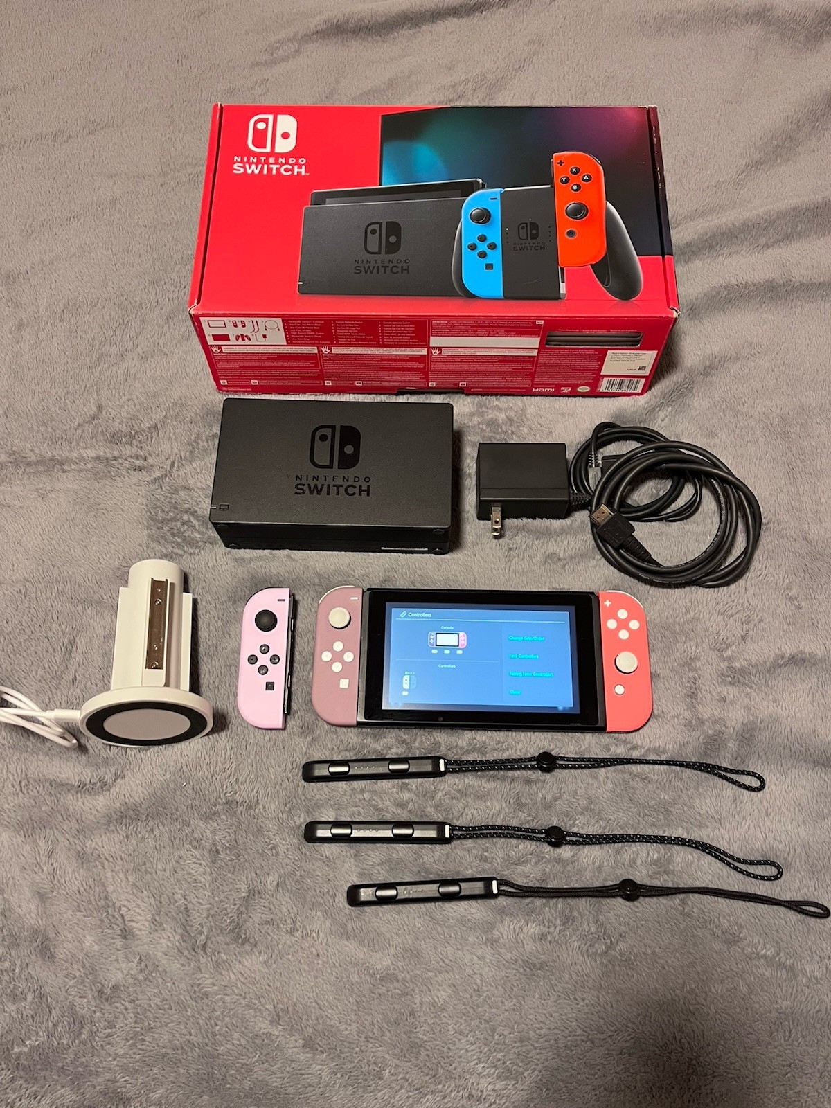 Nintendo Switch HAC-001 Console Bundle 3 Pink Purple Joy Cons w Orig Box Extras