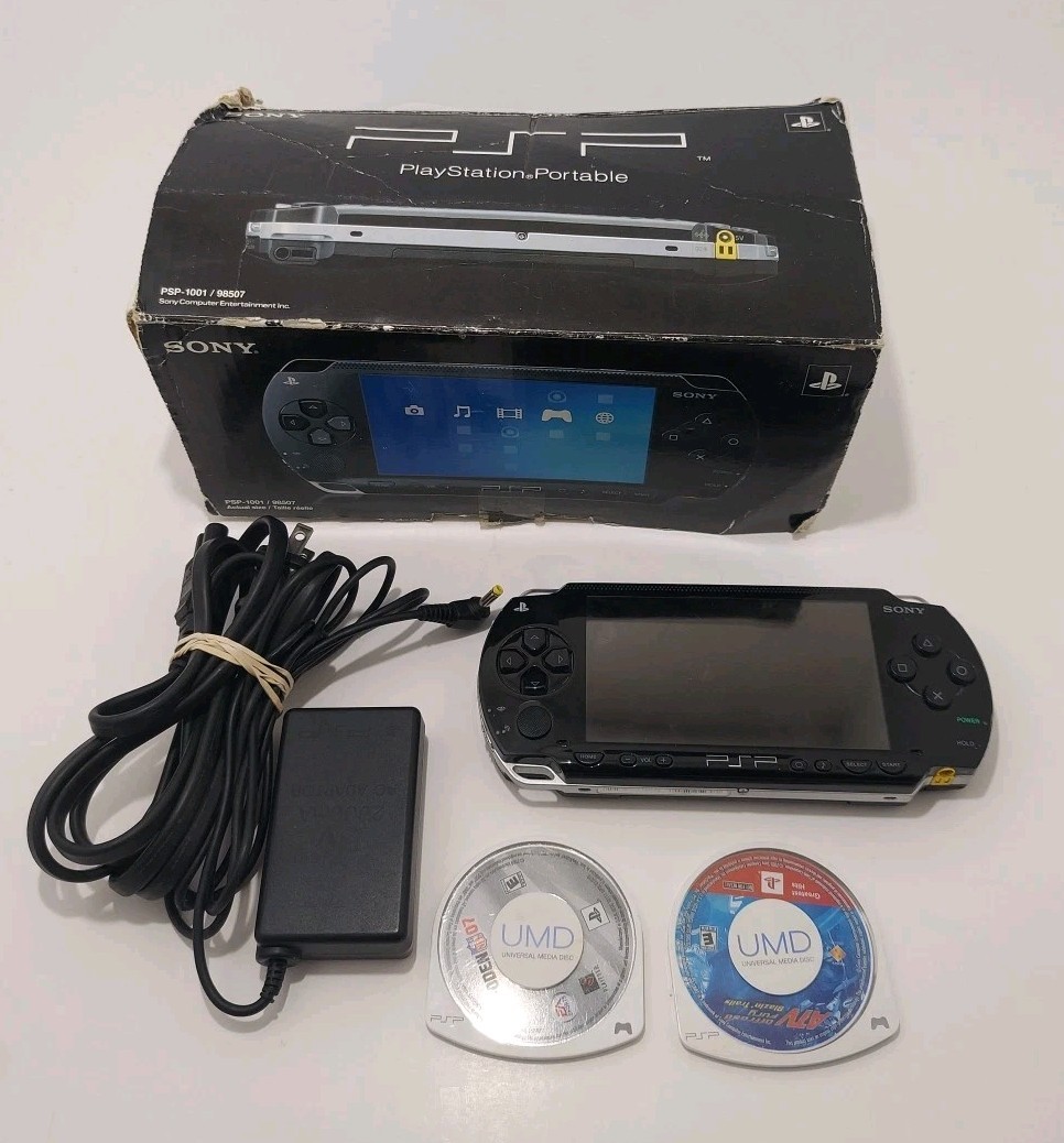 Sony PSP 1000 Black Handheld Console In Original Box – Charger And Games