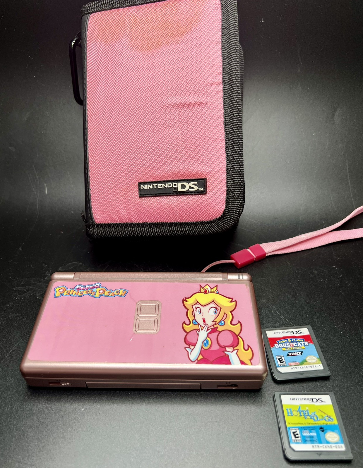 Rose Gold Nintendo DSi Lite 2 Games, Carrying Case TESTED Princess Peach Decal