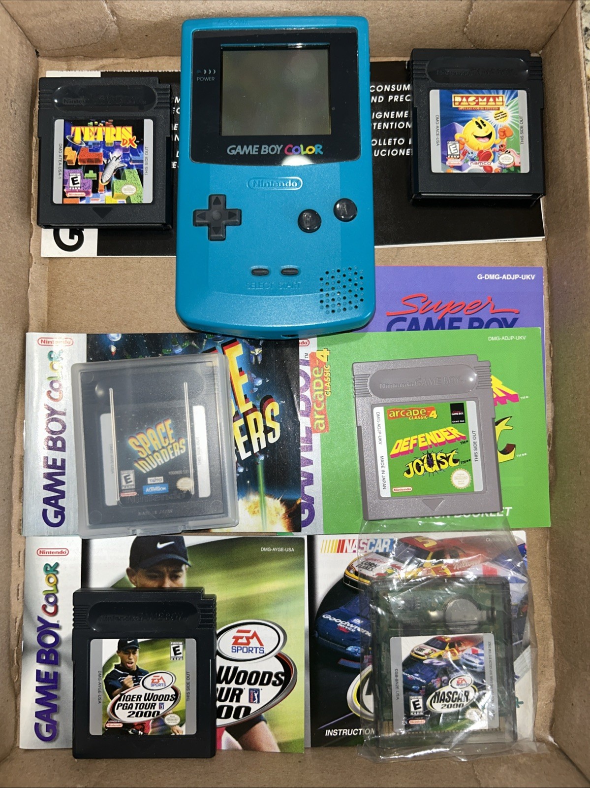 Nintendo Game Boy Color TEAL Handheld CGB-001 Console System TESTED + 6 Games +