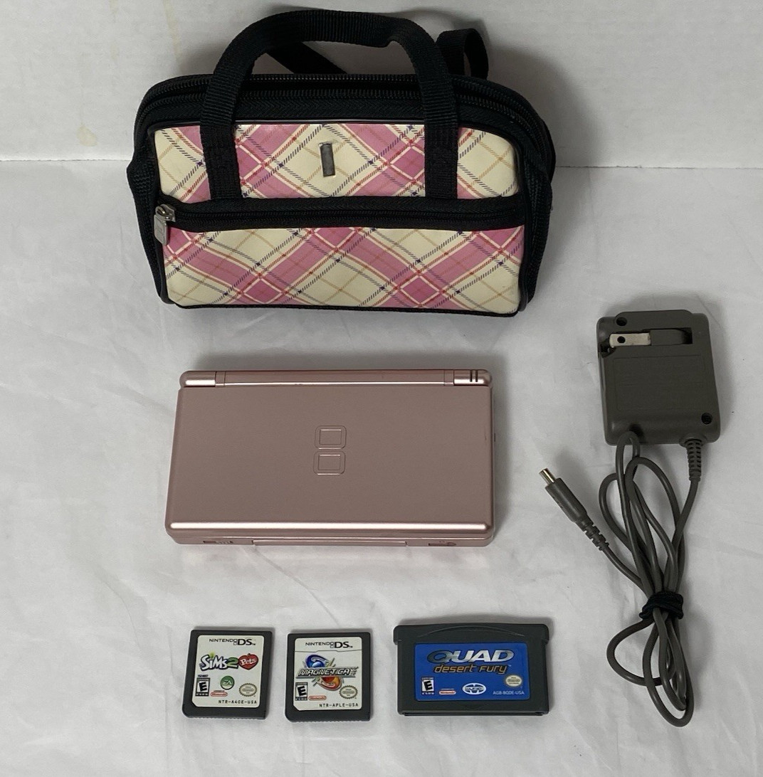 Nintendo DS Lite USG-001 Rose Gold/Metallic Pink + Charger + Case + 3 Games VGC