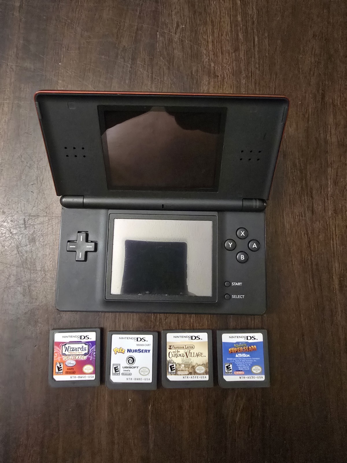Nintendo DS Lite Crimson Handheld System Lot- Red/Black With Four Games