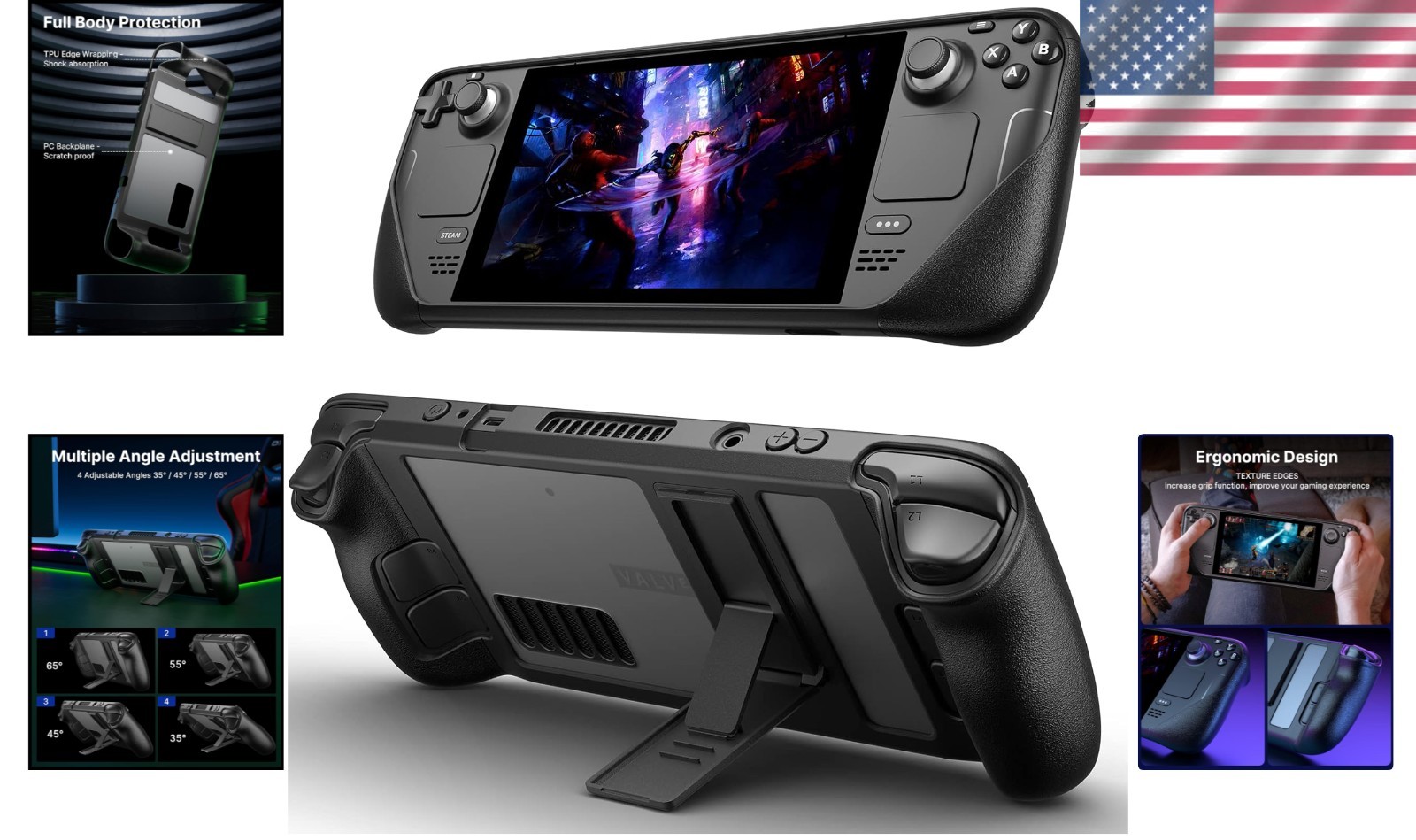 Ergonomic TPU Protective Case with Adjustable Stand for Steam Deck Gameplay