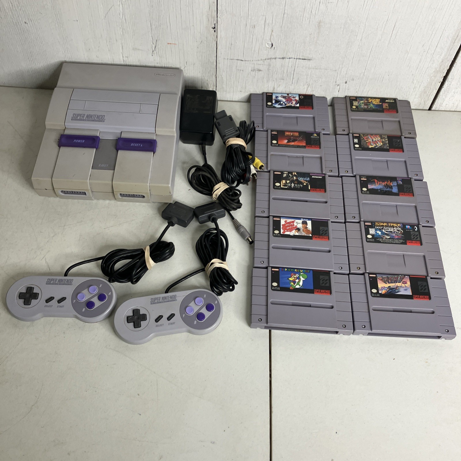 Super Nintendo SNES System Console Bundle 10 Games Super Mario World F-Zero Sim
