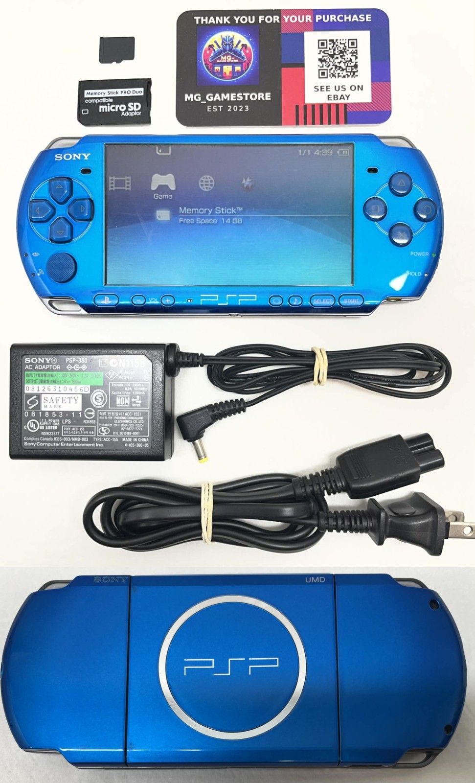 PSP 3000 Vibrant Blue / New Battery / Genuine Sony Charger / Region Free / 16GB