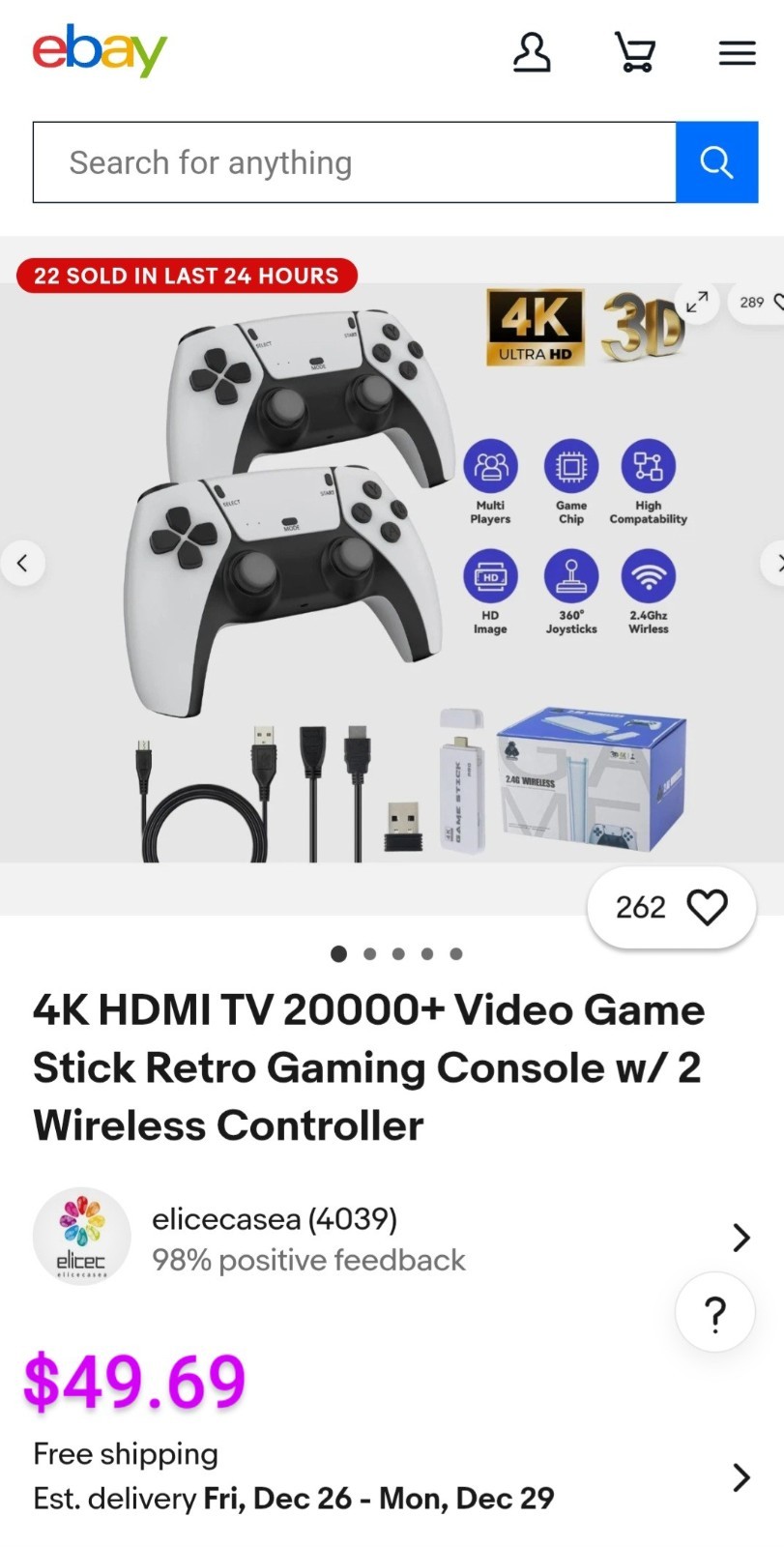 4K HDMI TV 20000+ Video Game Stick Retro Gaming Console w/ 2 Wireless Controller