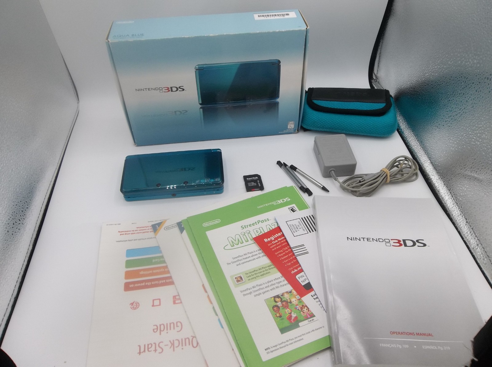 Nintendo 3DS System Complete in Box – Aqua Blue, Charger US Model – Tested
