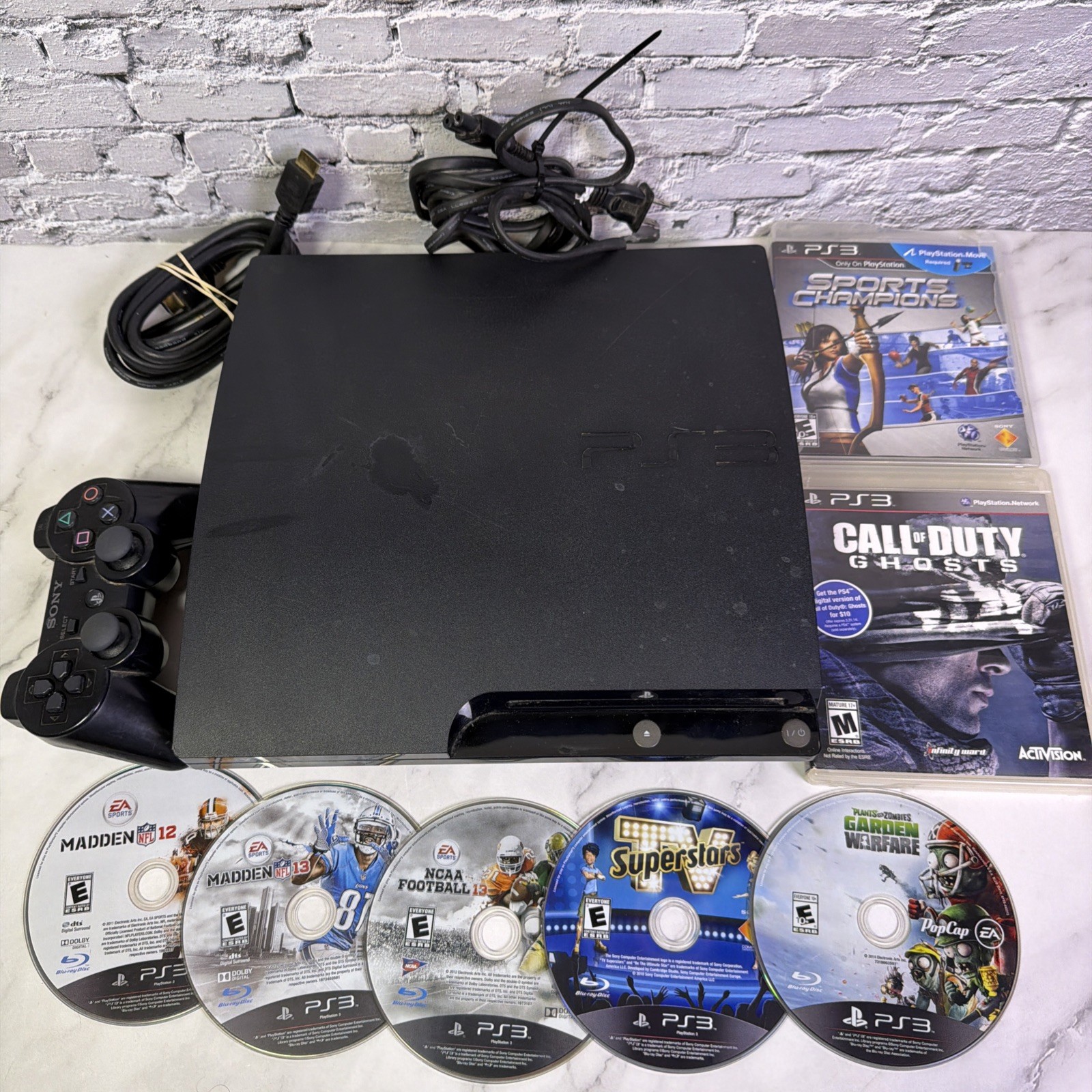 Sony PlayStation 3 Slim PS3 CECH-2001A + Controller, Cords, & 7 Games – Tested ✅