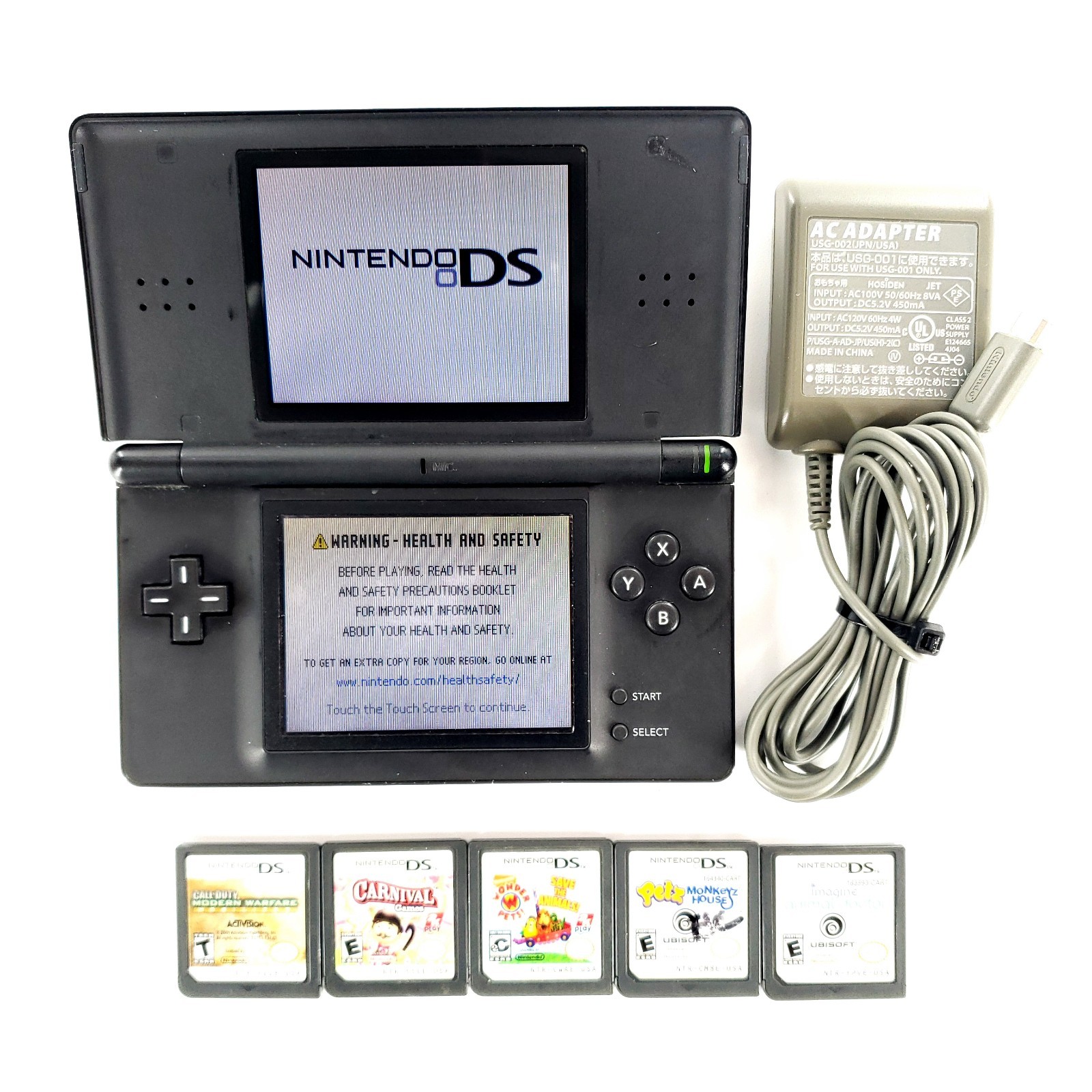 Nintendo DS Lite Handheld System Bundle Onyx Black w/ 5 Games & Charger Tested